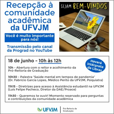 Banner com a programação da Recepção da comunidade acadêmica para semestre letivo 2020/2 às 10h