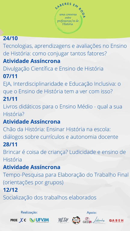 Programação do evento Saberes em Roda: uma conversa entre professoras/es de História - Peça 02