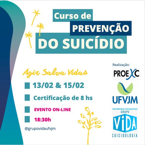 Curso de prevenção do suicídio. Agir salva vidas. 13 e 15 de fevereiro. Certificação de 8 horas. evento on-line. as 18 e 30