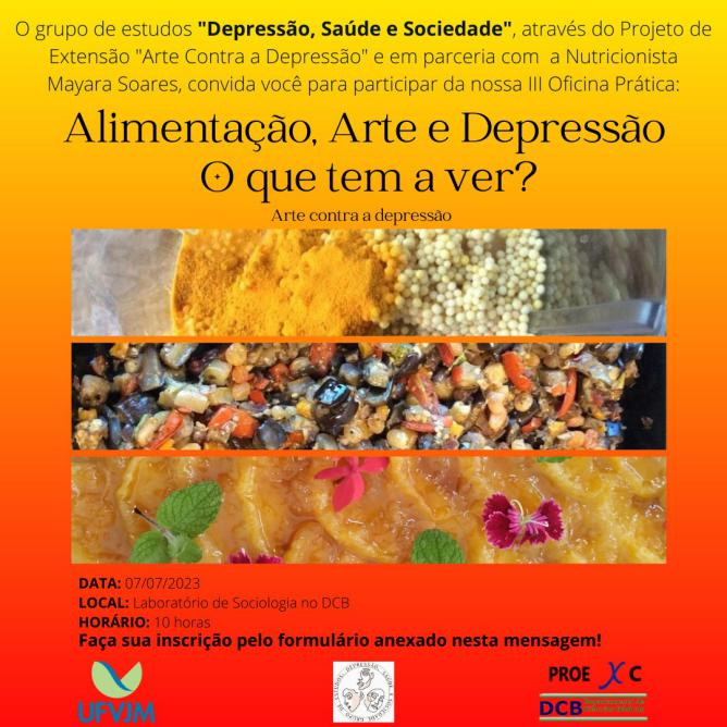 Peça gráfica do evento Oficina Prática: “Alimentação, Arte e Depressão. O que tem a ver?”