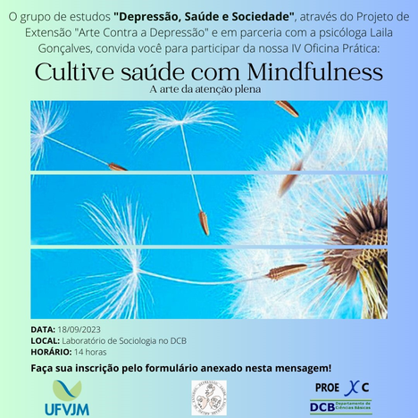 Peça gráfica do evento Oficina prática “Cultive saúde com Mindfulness: a arte da atenção plena”