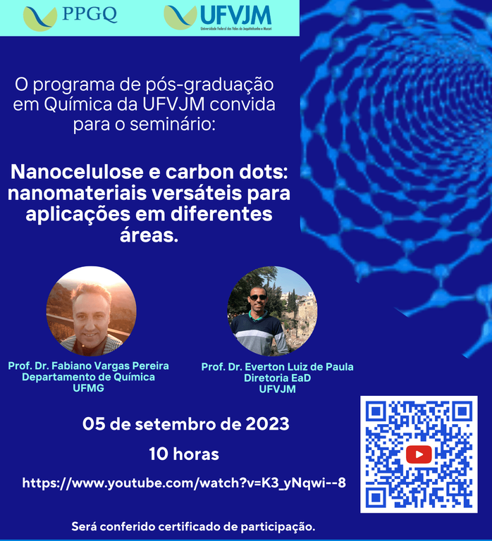 Peça gráfica do evento Seminário “Nanocelulose e carbon dots: nanomateriais versáteis para aplicações em diferentes áreas”