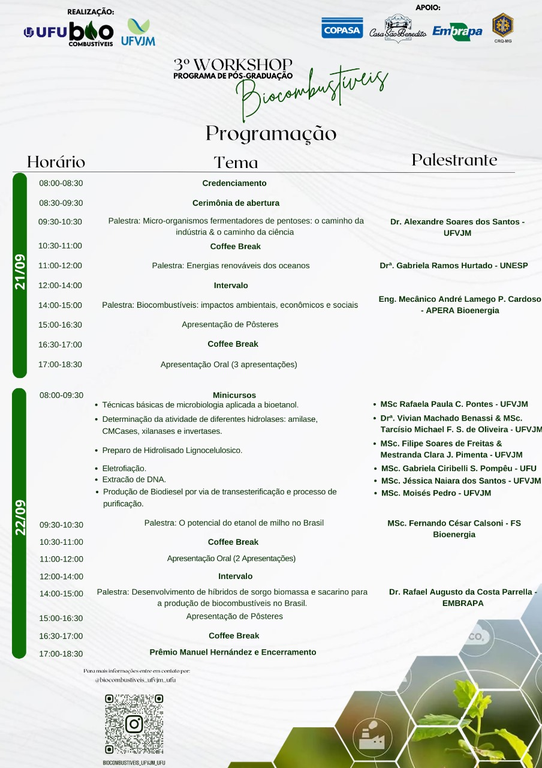 Programação do evento 3° Workshop do Programa de Pós-graduação em Biocombustíveis