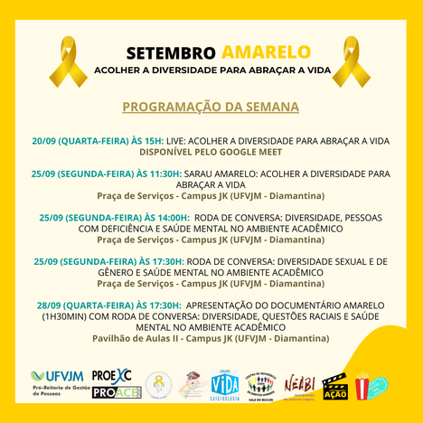 Programação do evento Setembro Amarelo na UFVJM
