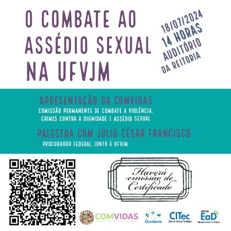 Peça gráfica da Palestra O Combate ao Assédio Sexual na UFVJM