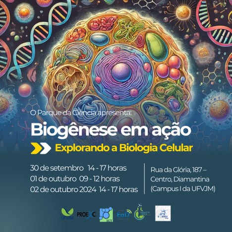 Peça gráfica do evento Exposição Biogênese em ação - explorando a biologia celular