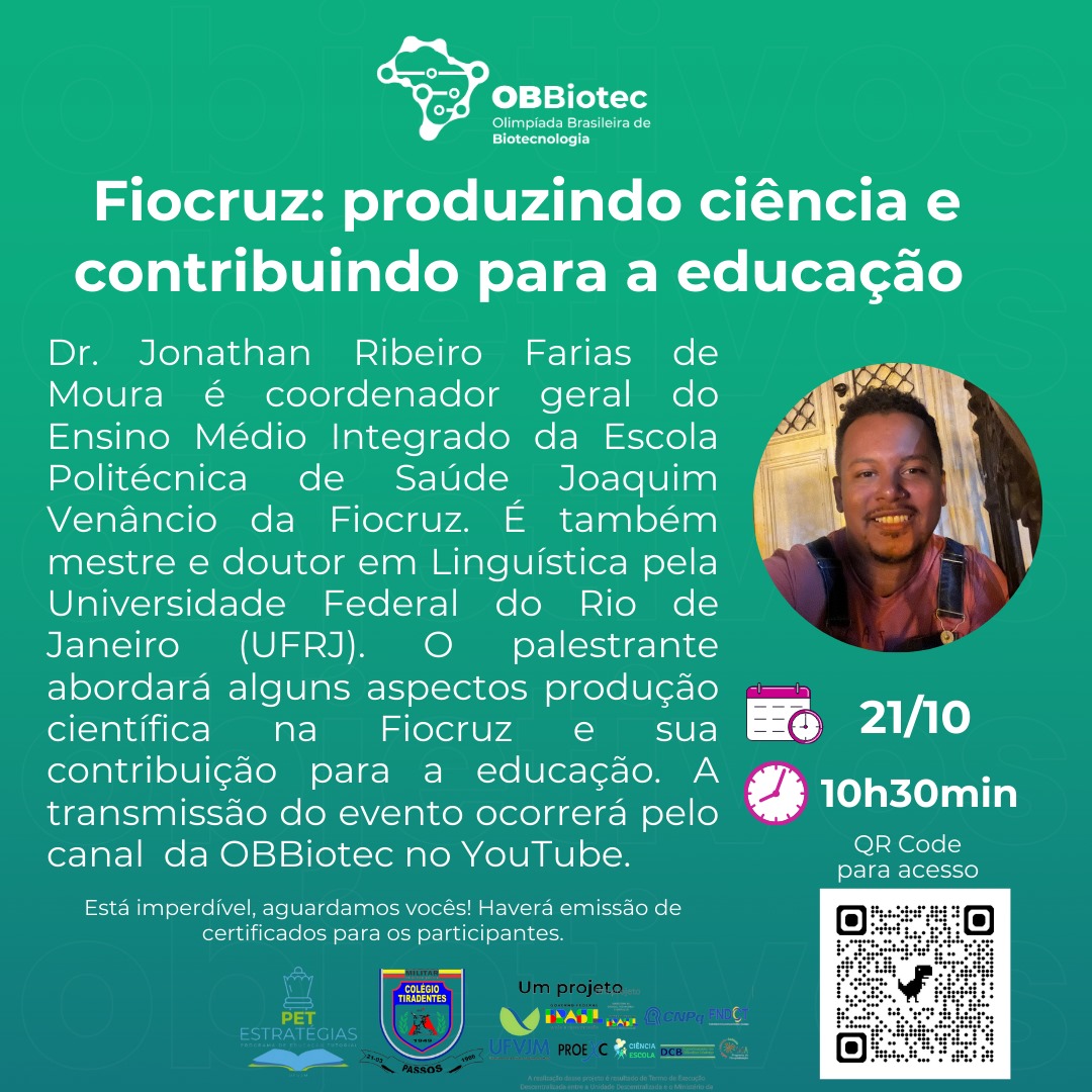 Peça gráfica do evento Palestra “Fiocruz: produzindo ciência e contribuindo para a educação”