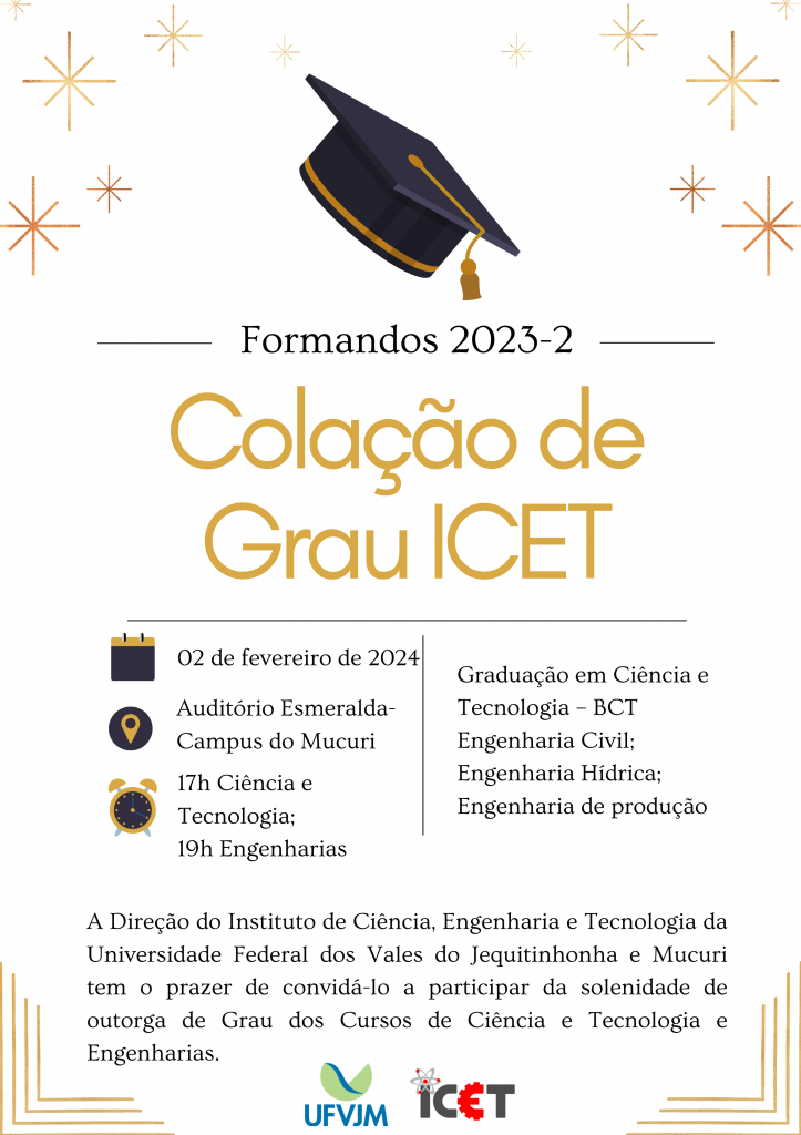 Peça gráfica do evento Colação de Grau ICET 2023-2 - Campus Mucuri