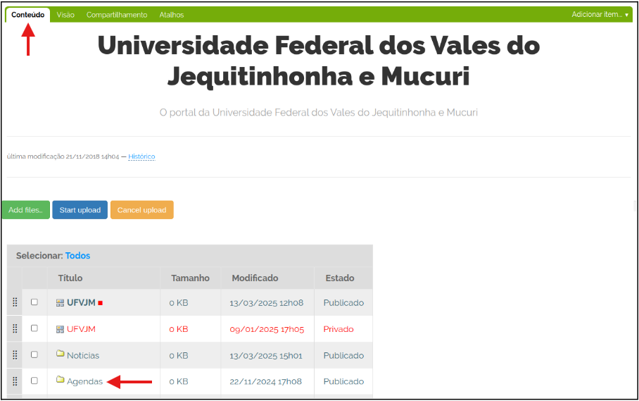 Aba conteúdo Plone pasta agendas.png