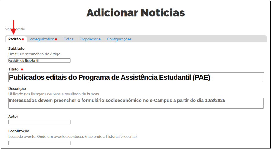 Edição padrão de notícias Plone conf-noticias