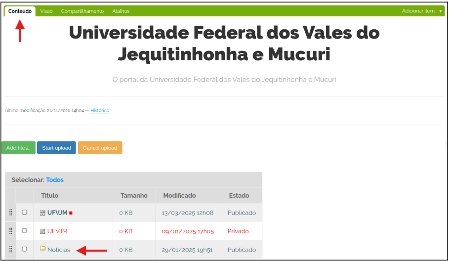 Aba conteúdo Plone pasta