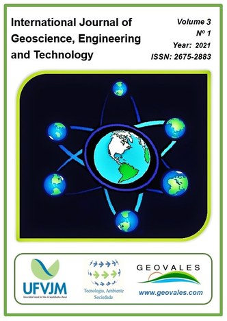 Cartaz representa a capa do volume 3 da revista, ano 2021, ISSN: 2675-2883. O nome da revista está no canto superior esquerdo da peça. Ao centro, em um fundo preto com bordas verdes, a imagem da Terra ao centro, ligada por linhas que lembram um átomo a outras 6 imagens da Terra, em tamanho menor.
No rodapé, a marca da UFVJM, do PPGTAS e da revista, com o endereço eletrônico da Geovales.