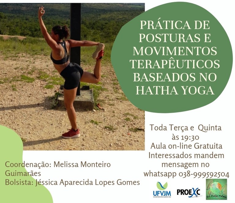 Peça gráfica de divulgação da prática semanal de posturas e movimentos terapêuticos baseados no Hatha Yoga