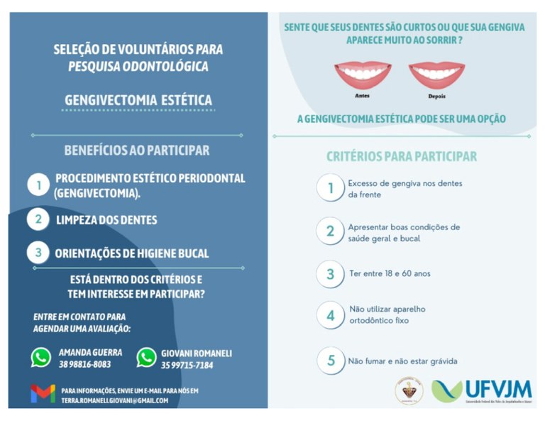 Peça gráfica de divulgação da pesquisa "Efeito do procedimento cirúrgico sobre a cicatrização de procedimento de gengivectomia"