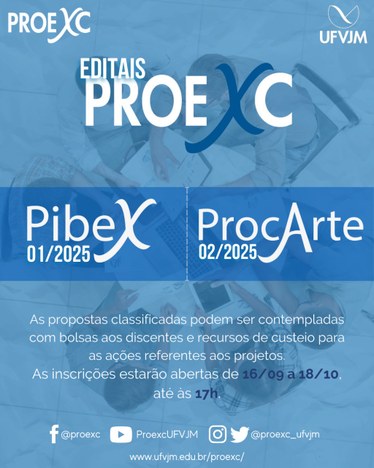 Inscrições abertas para submissão de projetos nos Programas de Apoio à Extensão (Pibex) e Apoio à Cultura e Arte (Procarte)