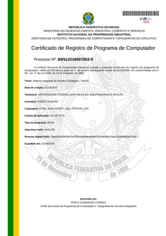 Certificado de Registro de Programa de Computador do Sistema Integrado de Gestão Estratégica (SINGE), de titularidade da UFVJM, expedido pelo INPI em 22 de setembro de 2026.