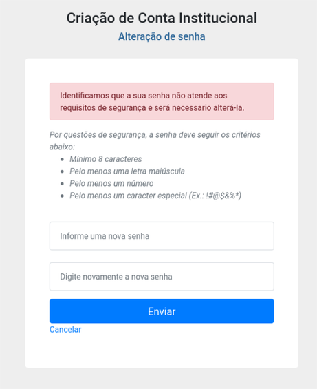 Ilustração da tela de alteração de senha da conta institucional