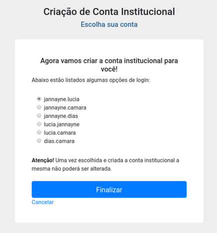 Ilustração da tela de escolha do login da conta institucional