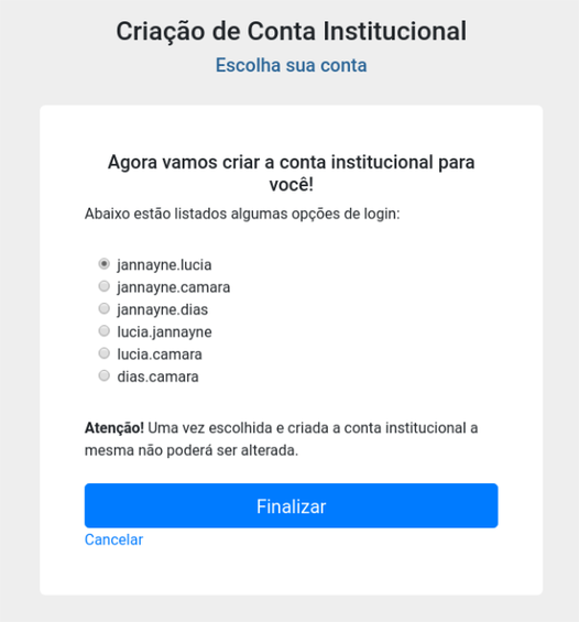 Ilustração da tela de escolha do login da conta institucional