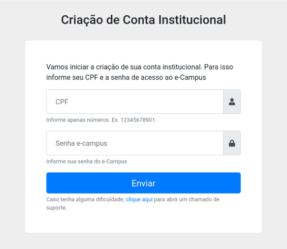 Ilustração da tela inicial de criação da conta institucional
