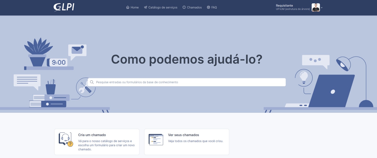 Nova tela inicial do GLPI