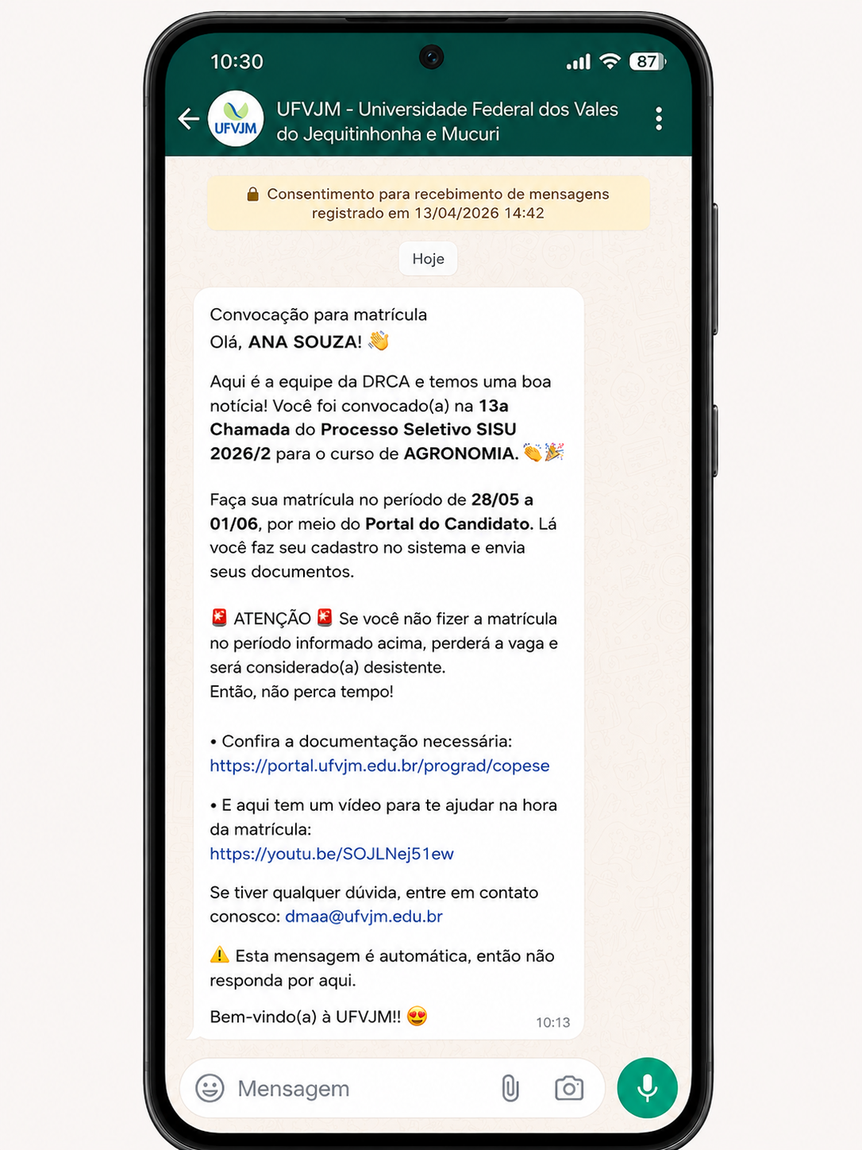 Notificação WhatsApp Imagem de exemplo de uma notificação enviada pelo Portal do Candidato